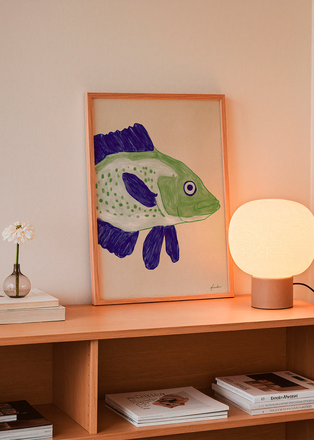 Quadro peixe verde com traços azuis