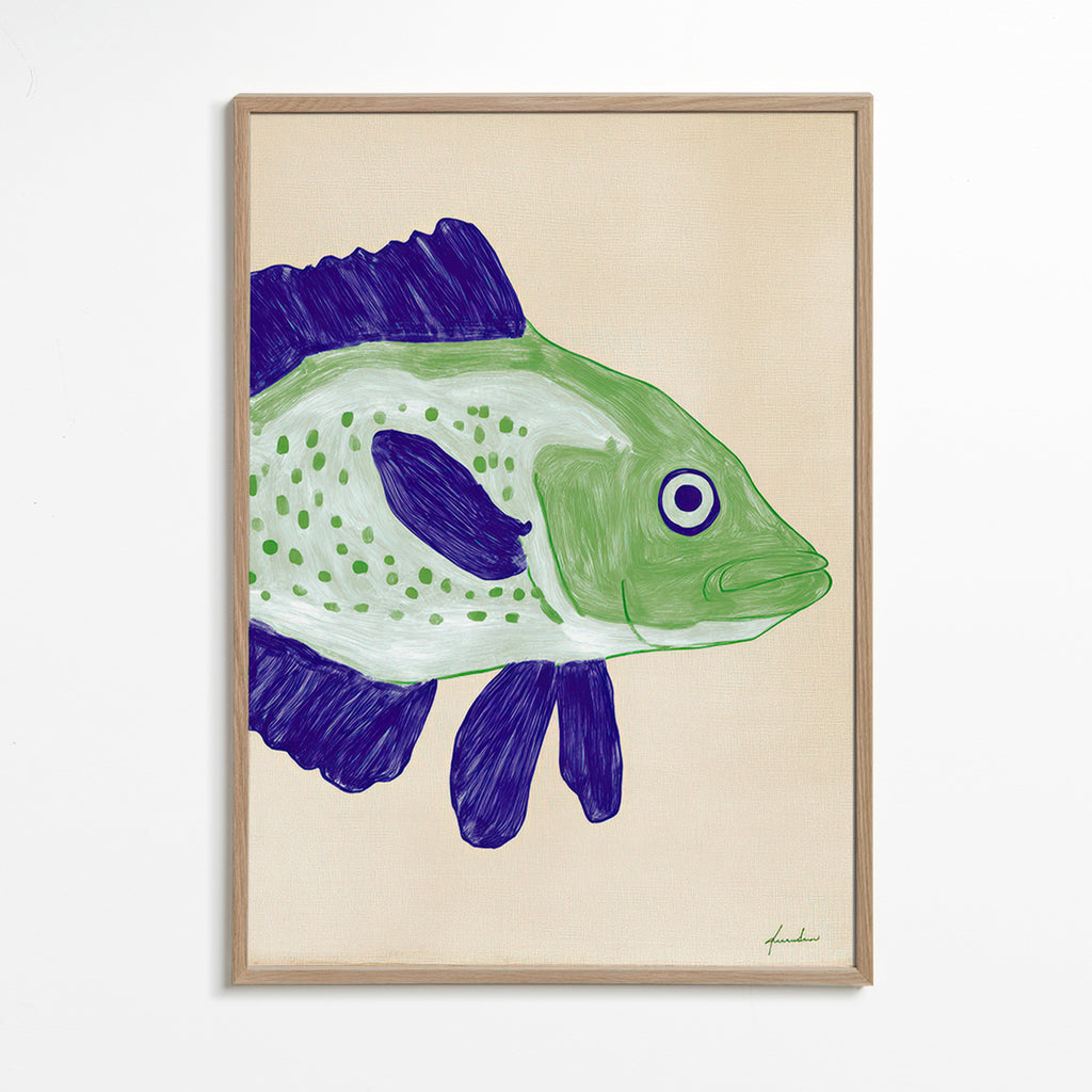 Quadro peixe verde com traços azuis