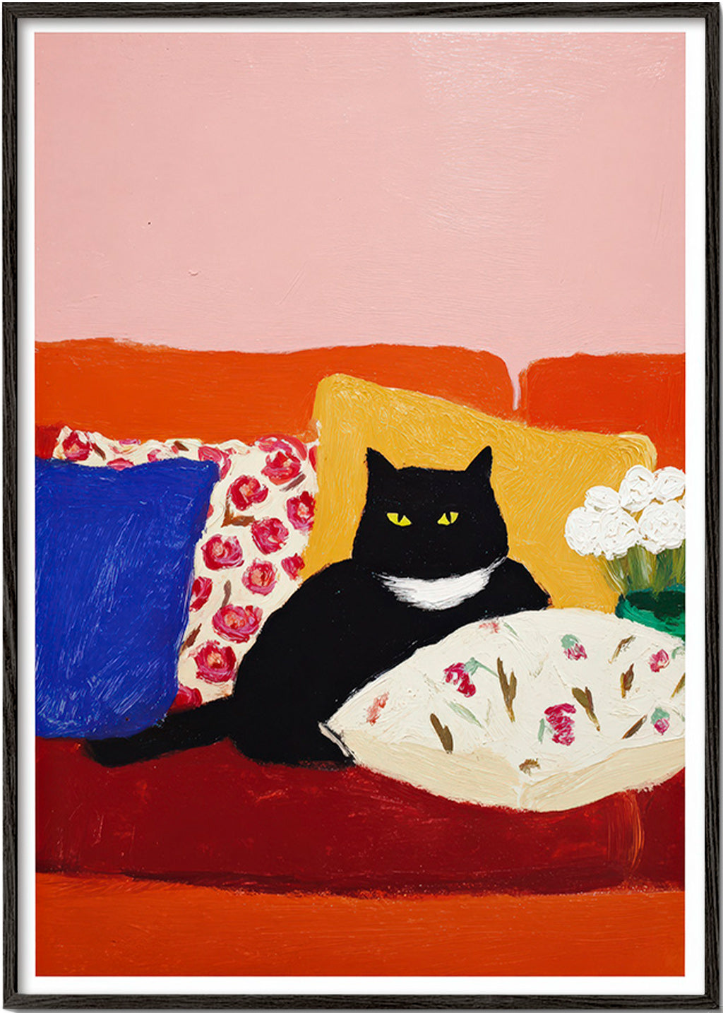 Quadro gato preto no sofá colorido