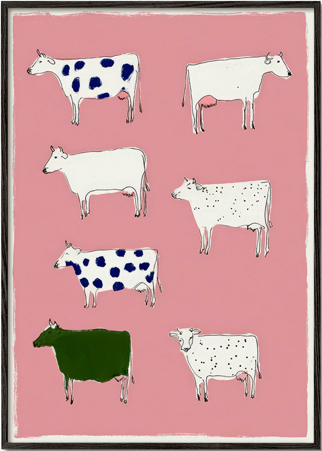 Quadro de vacas ilustradas sobre fundo rosa