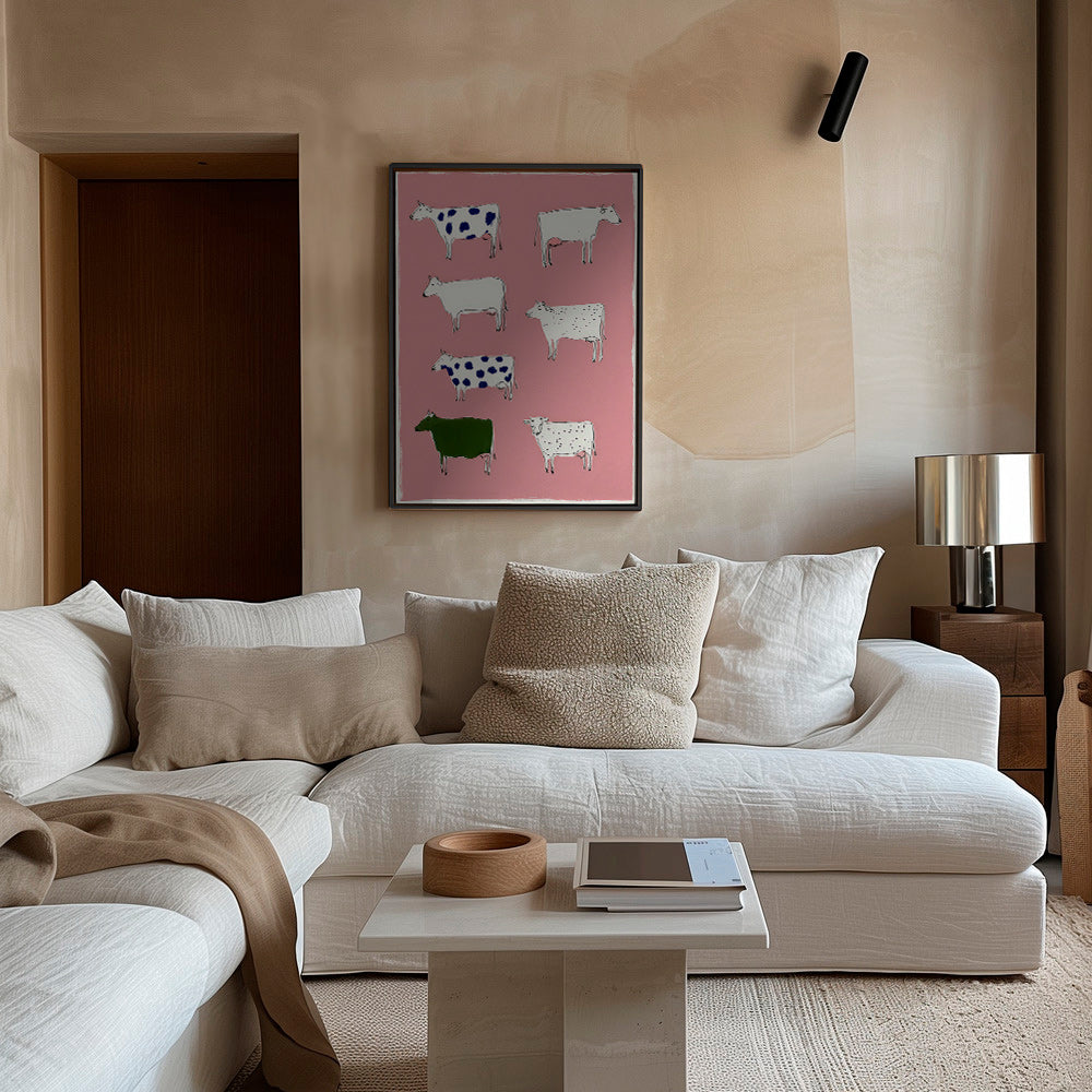 Quadro de vacas ilustradas sobre fundo rosa