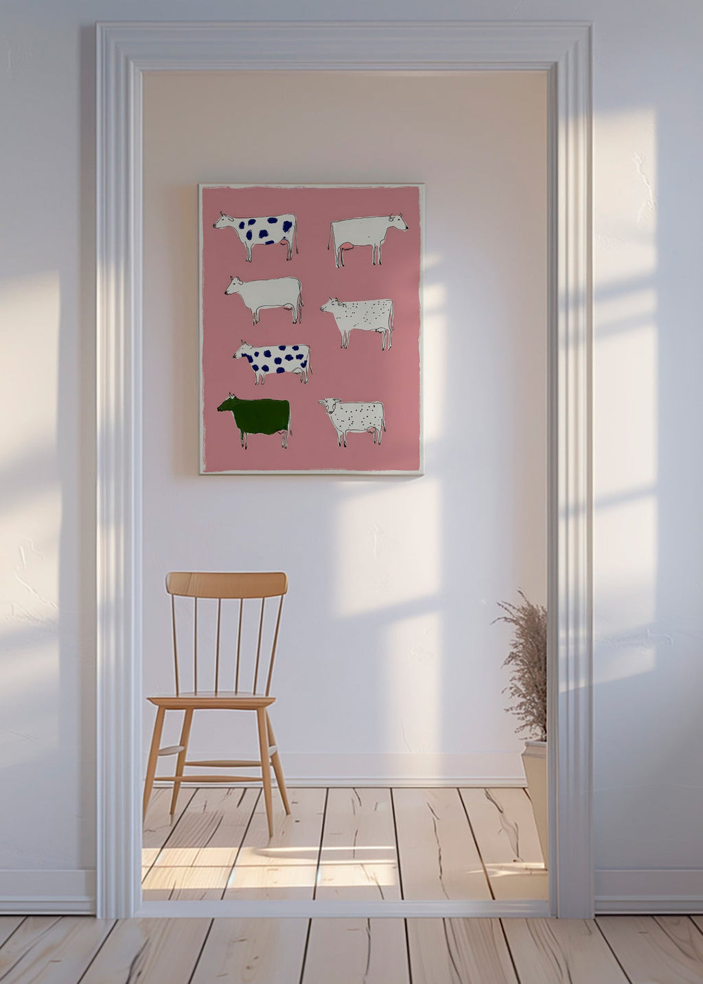 Quadro de vacas ilustradas sobre fundo rosa