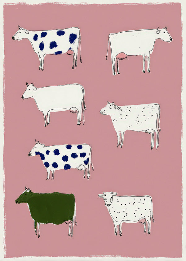 Quadro de vacas ilustradas sobre fundo rosa