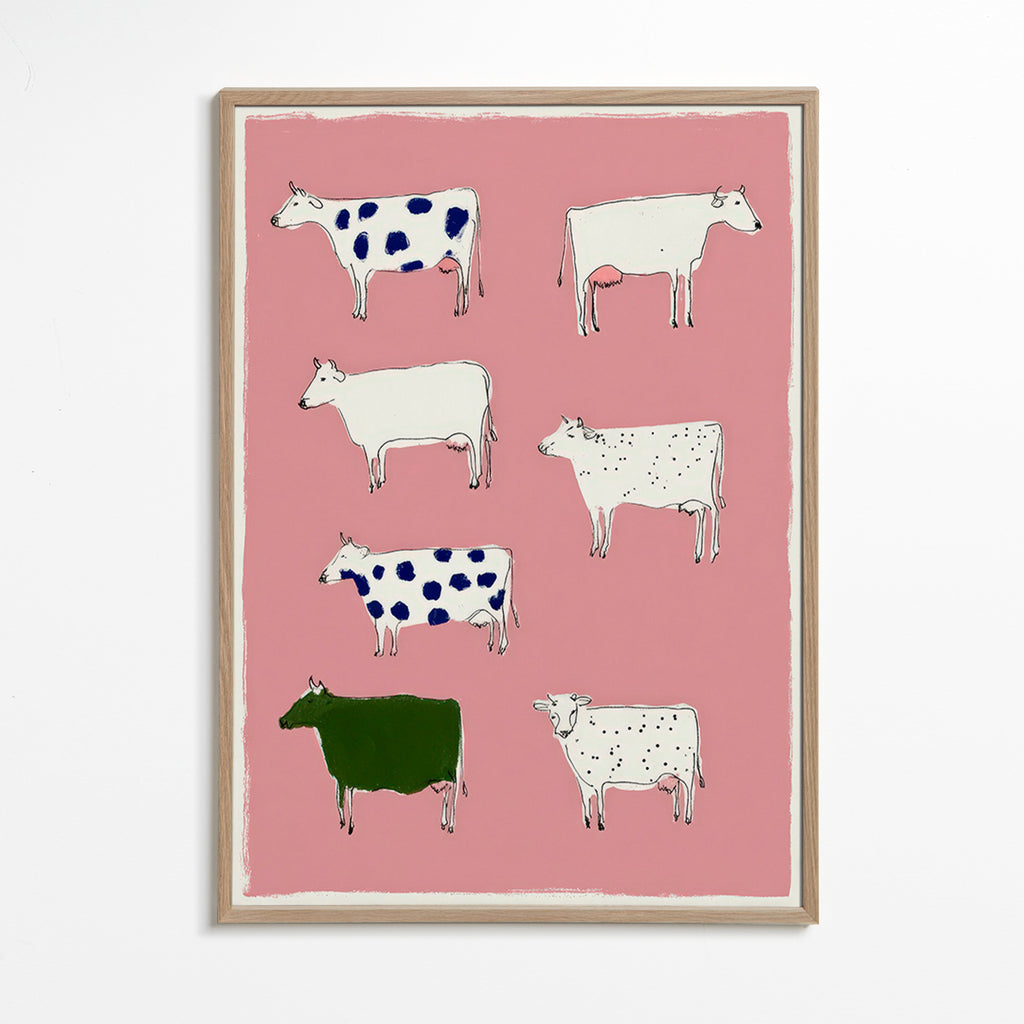 Quadro de vacas ilustradas sobre fundo rosa