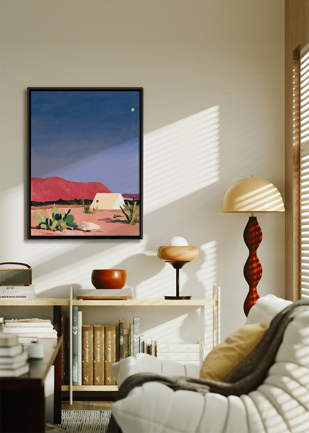 Arte paisagística: deserto com tenda e cactos