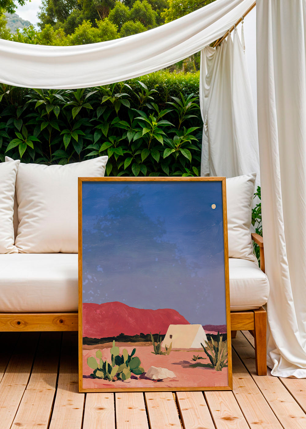 Arte paisagística: deserto com tenda e cactos