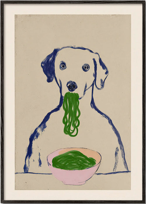 Arte para cozinha: cão a comer massa