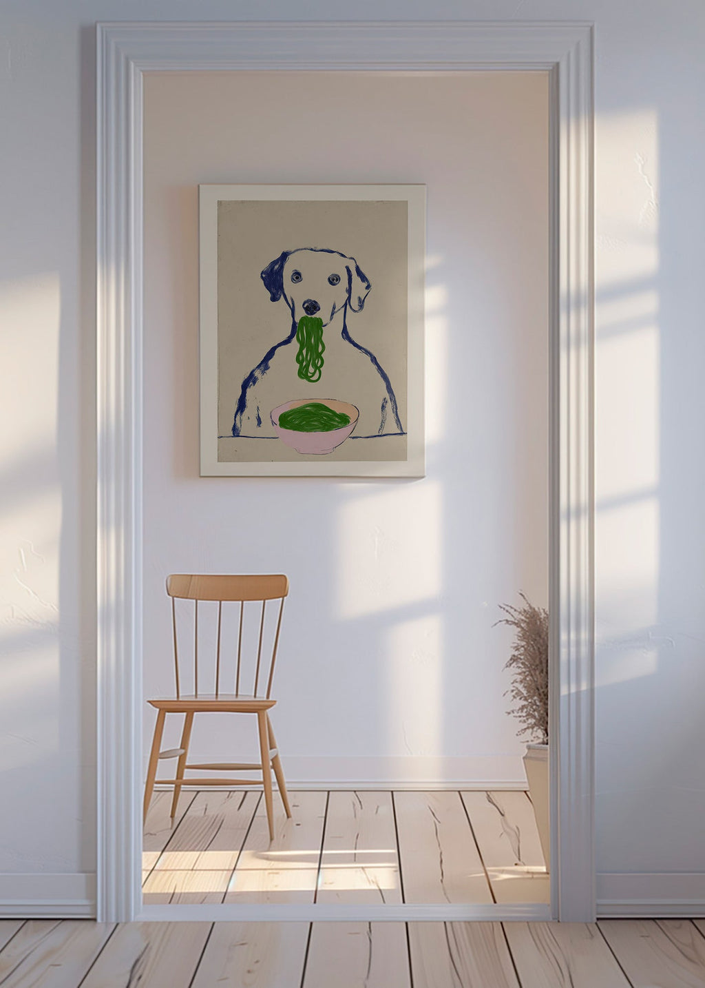 Arte para cozinha: cão a comer massa