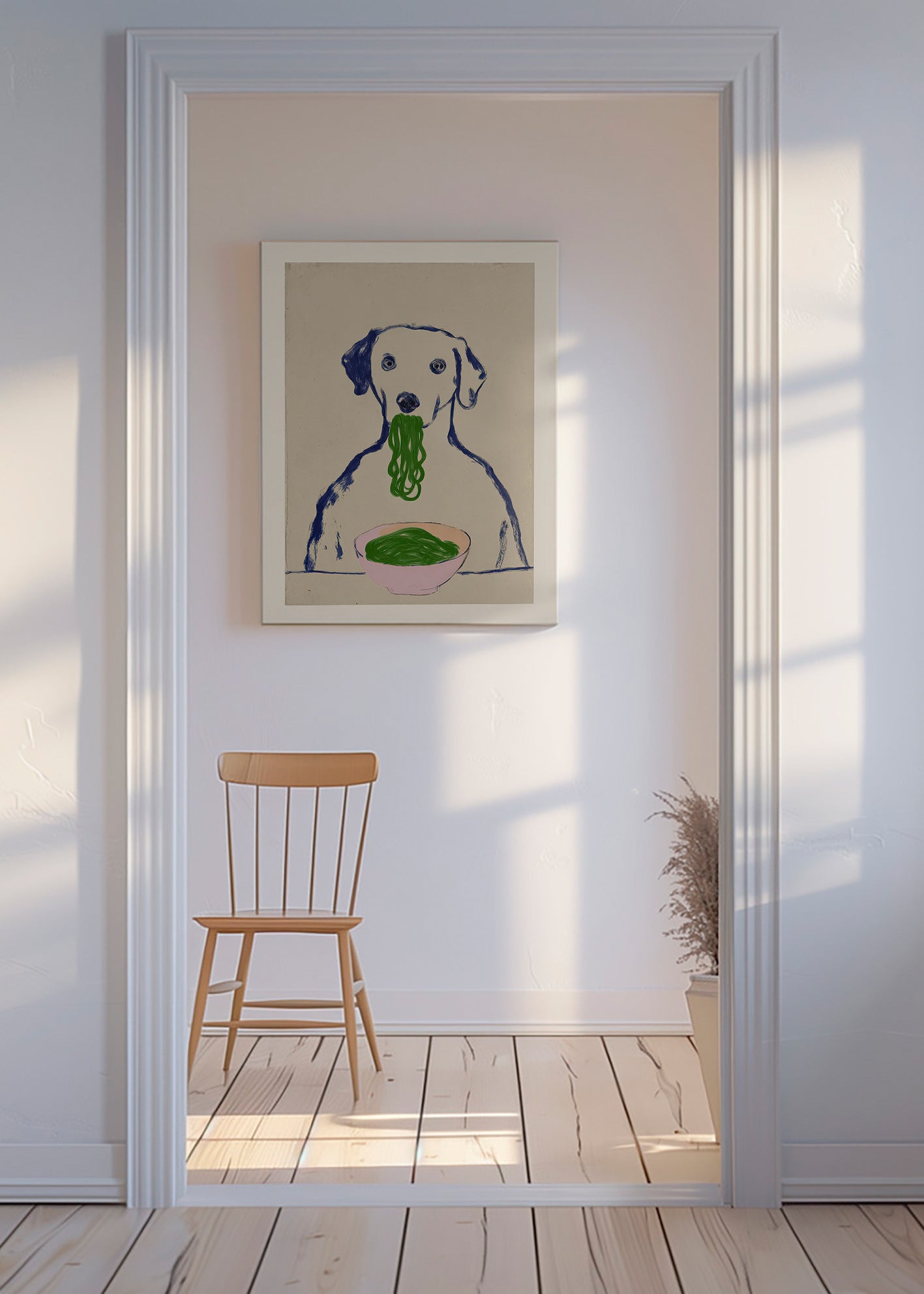 Arte para cozinha: cão a comer massa