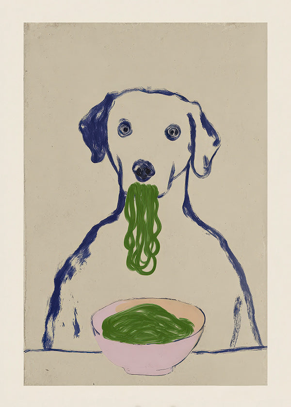 Arte para cozinha: cão a comer massa