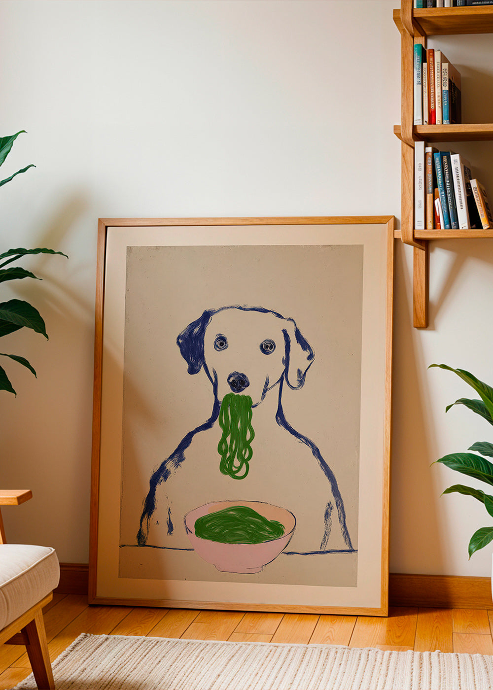 Arte para cozinha: cão a comer massa