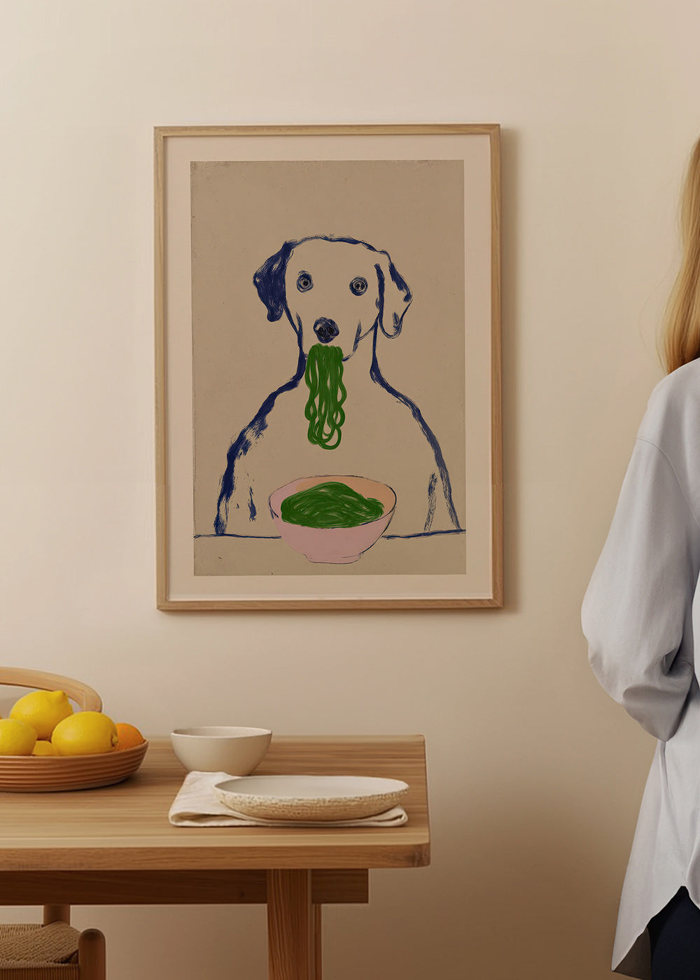 Arte para cozinha: cão a comer massa