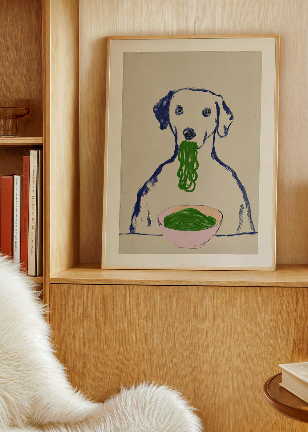 Arte para cozinha: cão a comer massa
