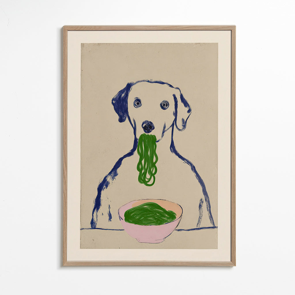 Arte para cozinha: cão a comer massa