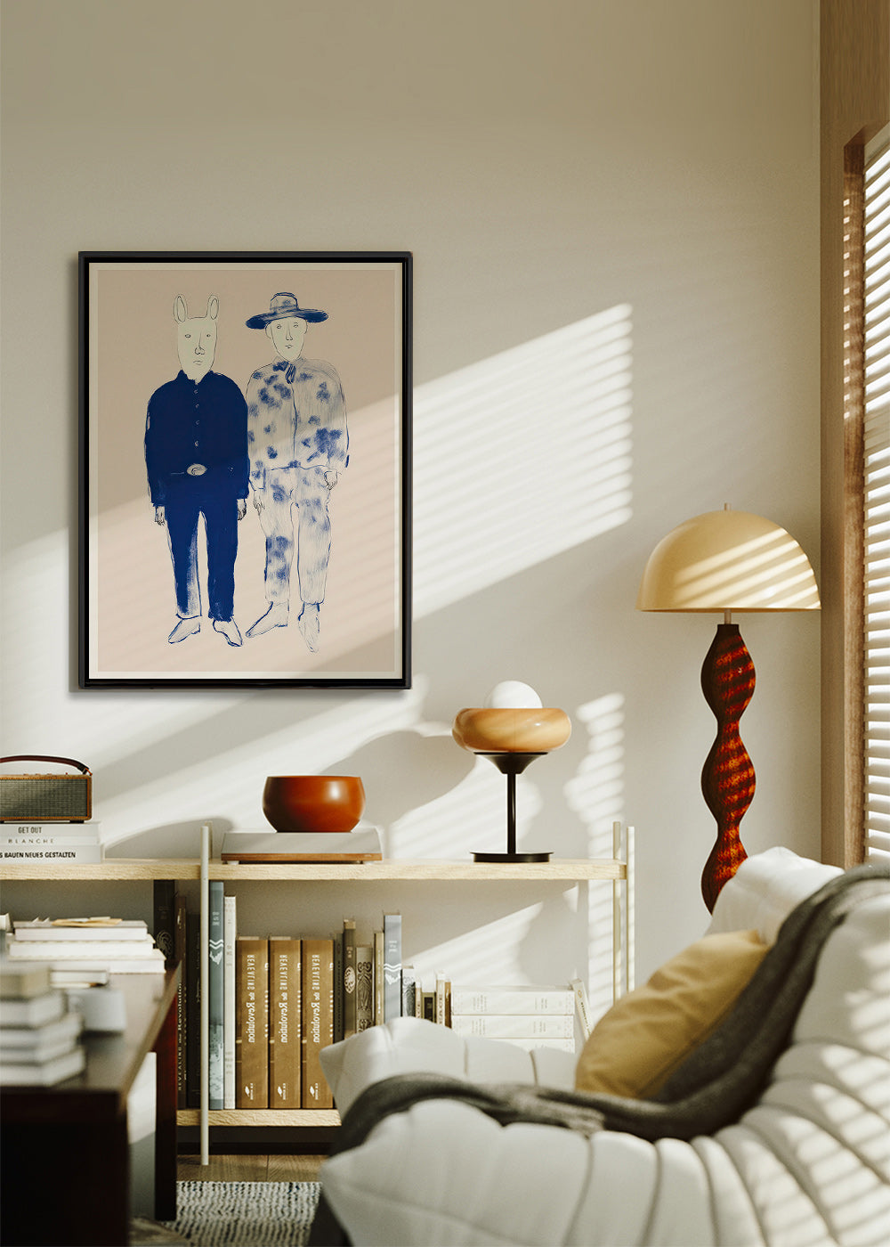 Ilustração de duas figuras com coelho em tinta azul