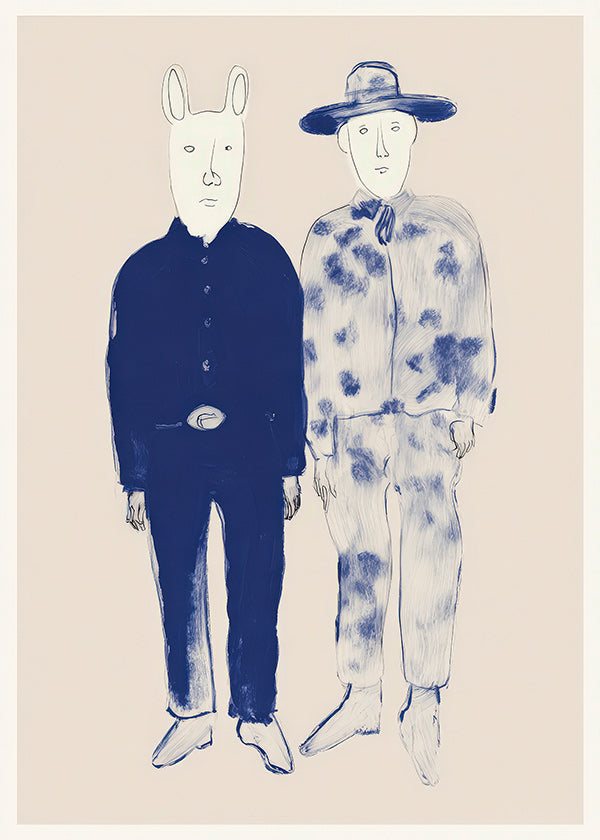 Ilustração de duas figuras com coelho em tinta azul