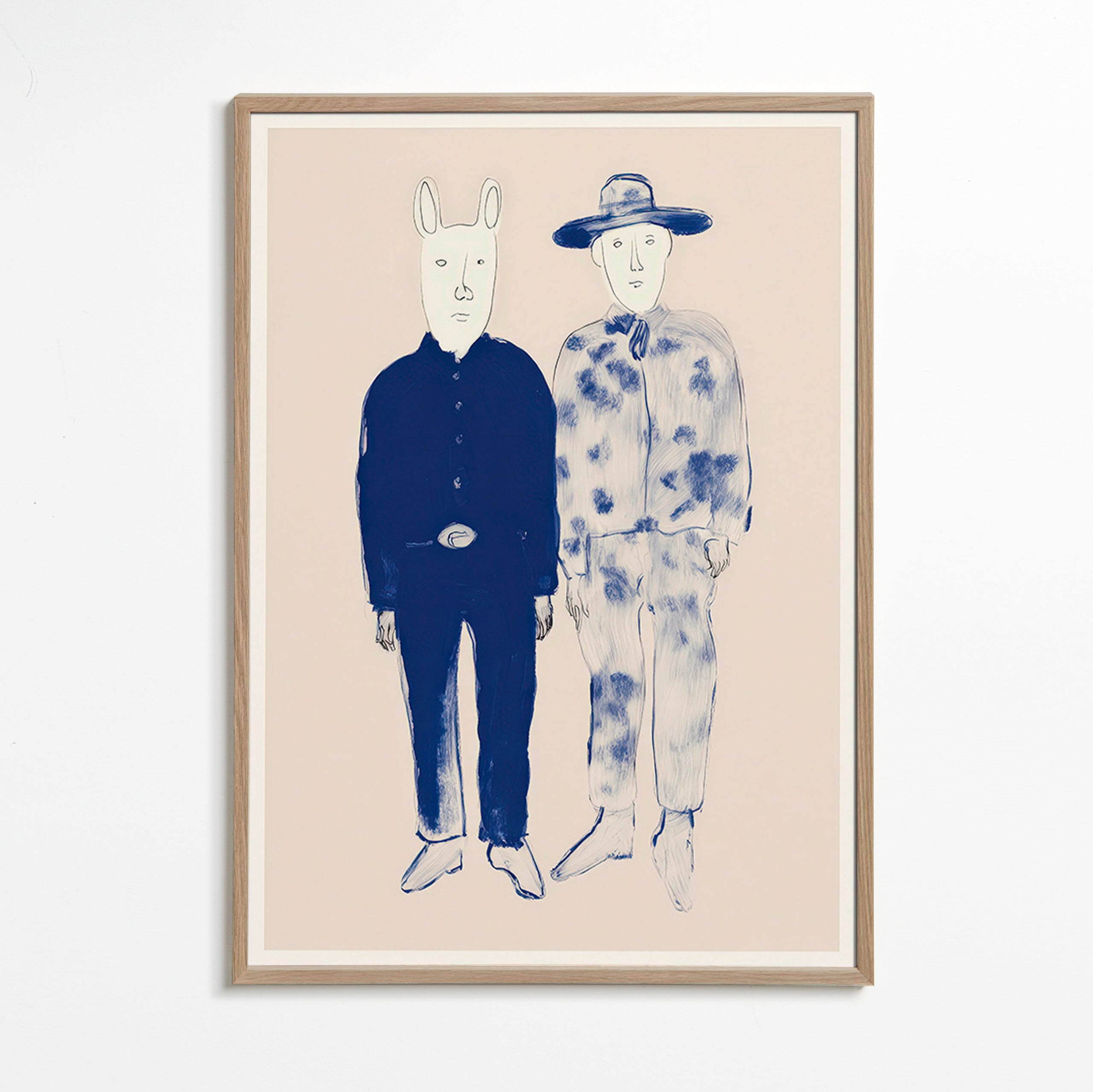 Ilustração de duas figuras com coelho em tinta azul