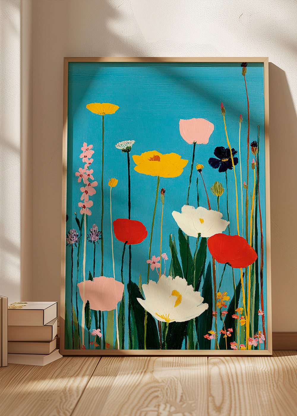 Estampa botânica flores silvestres sobre azul