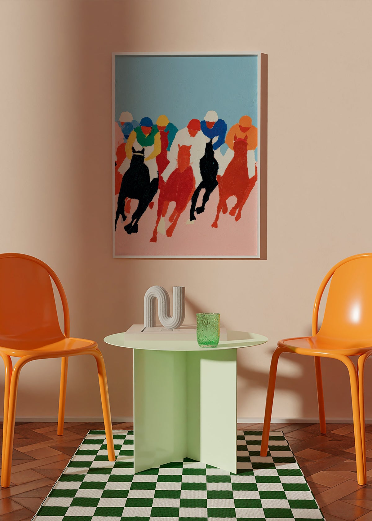 Arte desportiva: corrida de cavalos colorida