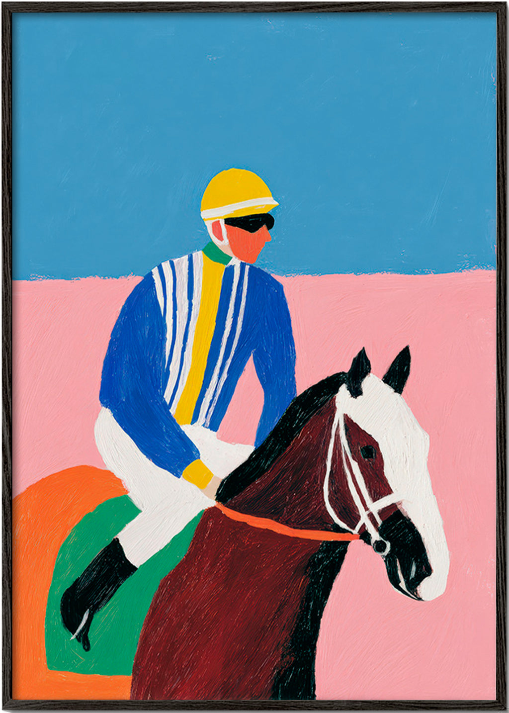Arte desportiva: jockey e cavalo em cores planas