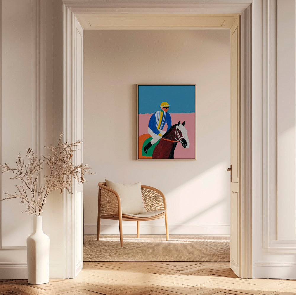 Arte desportiva: jockey e cavalo em cores planas