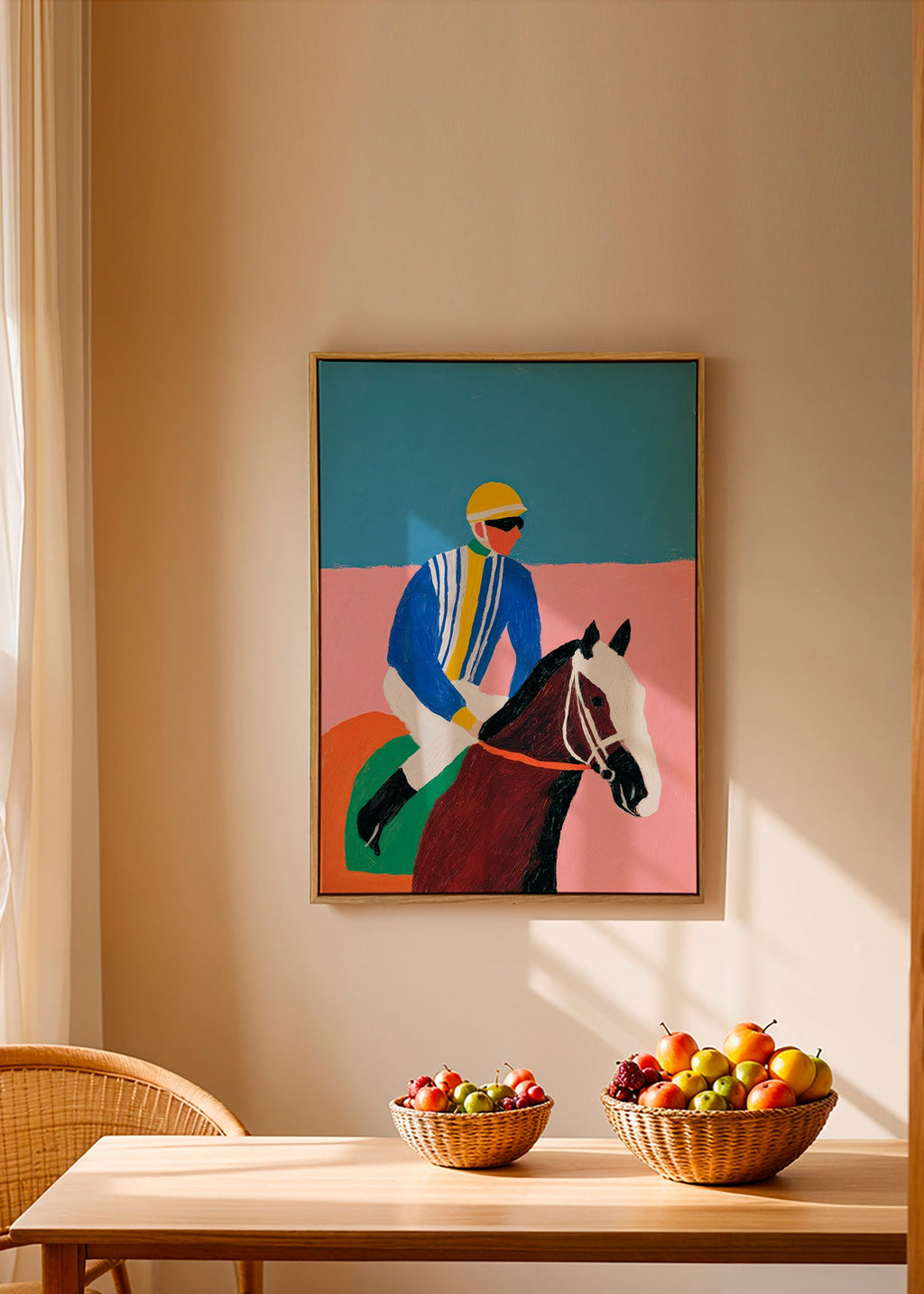Arte desportiva: jockey e cavalo em cores planas