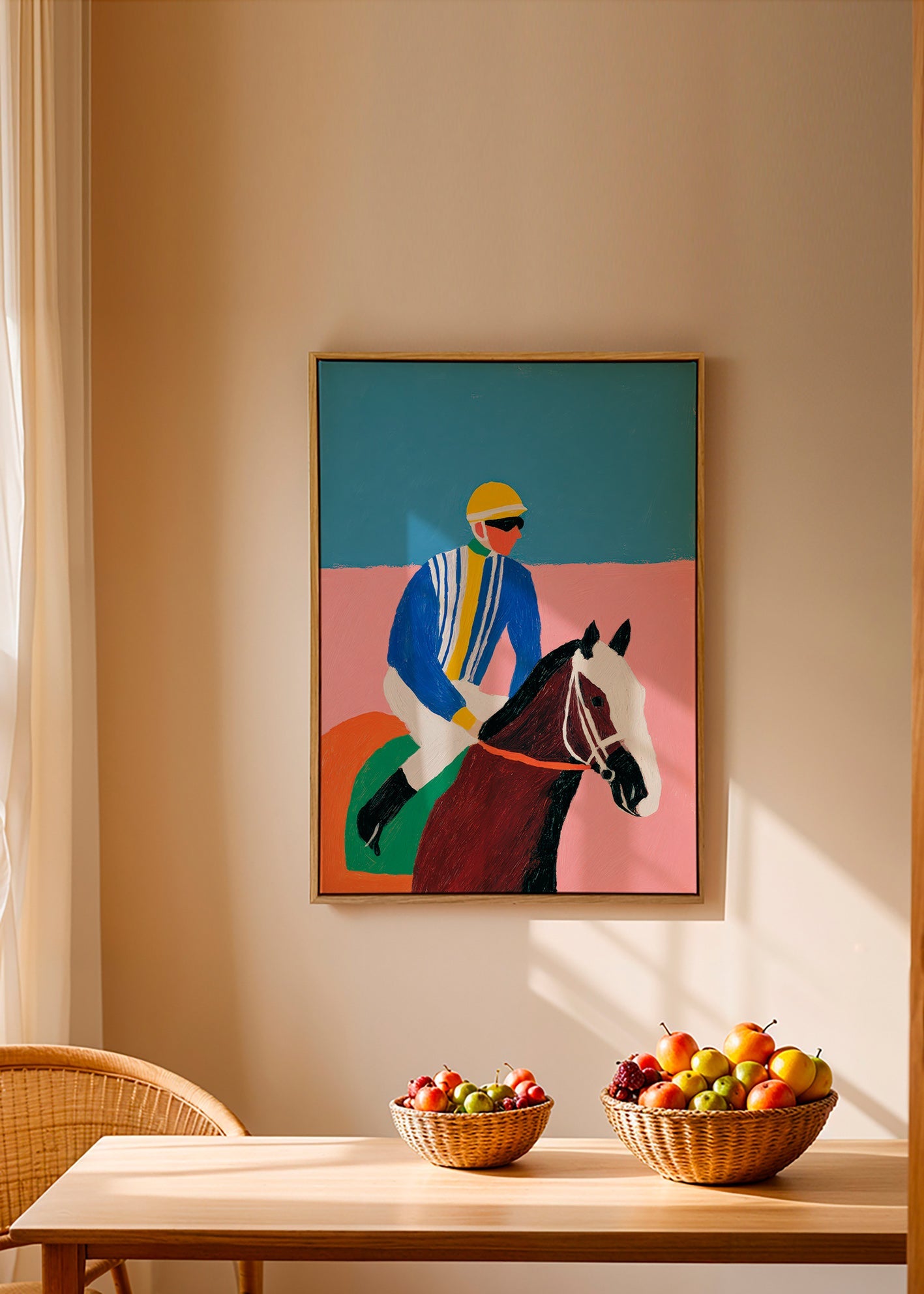 Arte desportiva: jockey e cavalo em cores planas