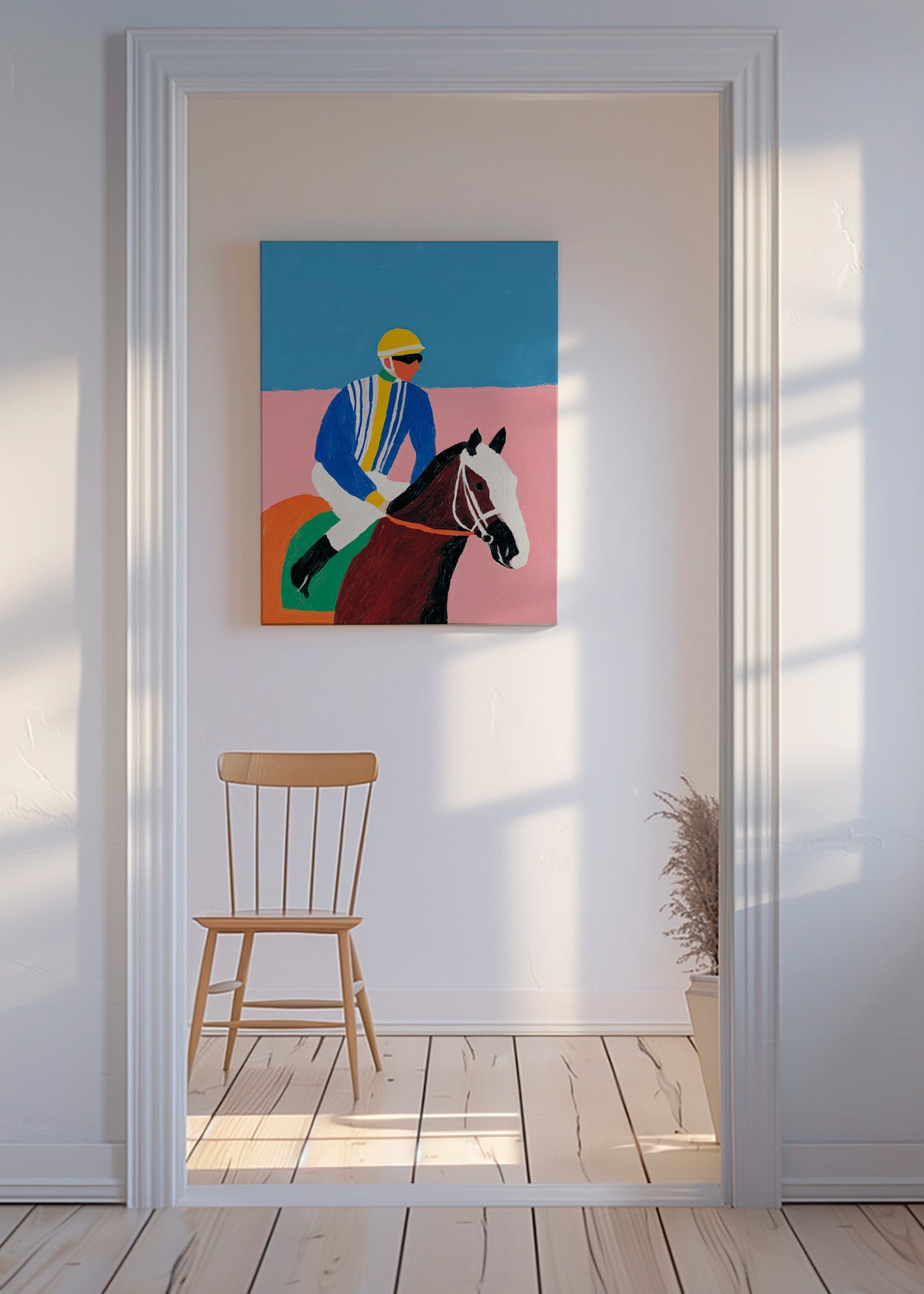 Arte desportiva: jockey e cavalo em cores planas