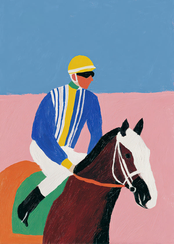 Arte desportiva: jockey e cavalo em cores planas