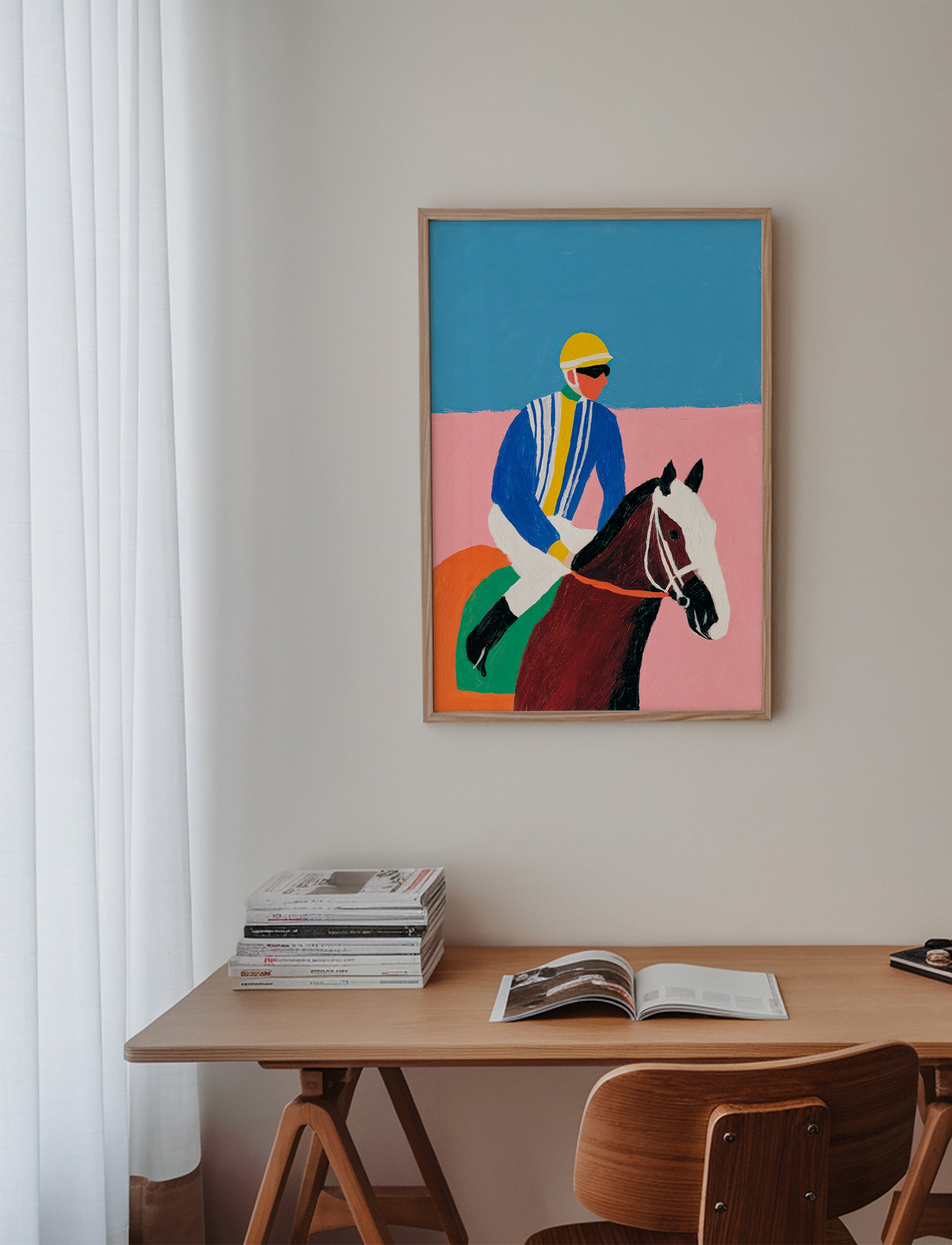 Arte desportiva: jockey e cavalo em cores planas