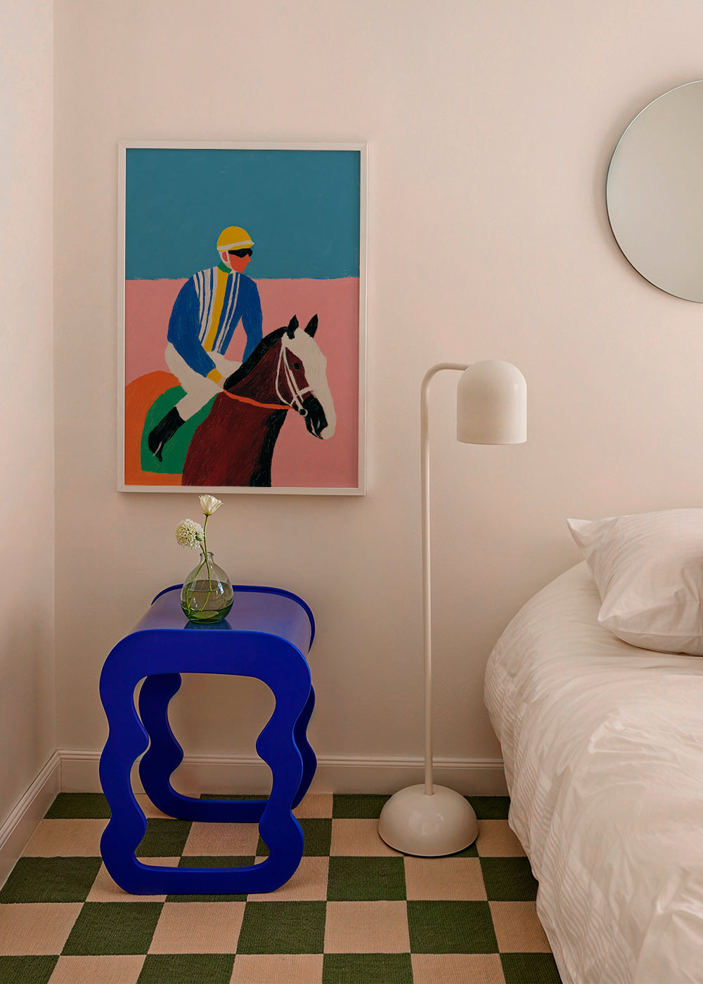Arte desportiva: jockey e cavalo em cores planas