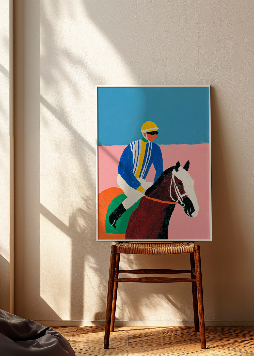 Arte desportiva: jockey e cavalo em cores planas