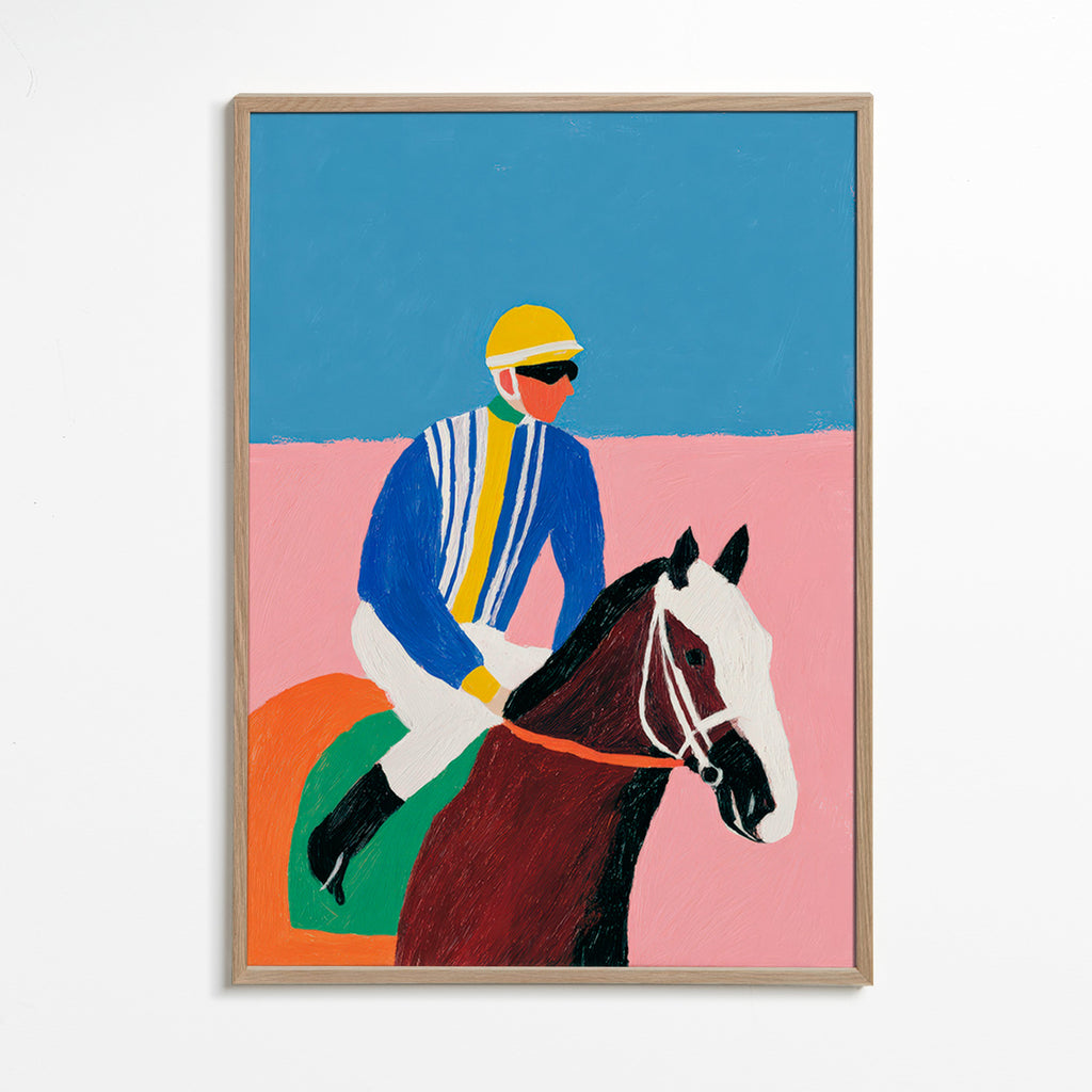 Arte desportiva: jockey e cavalo em cores planas