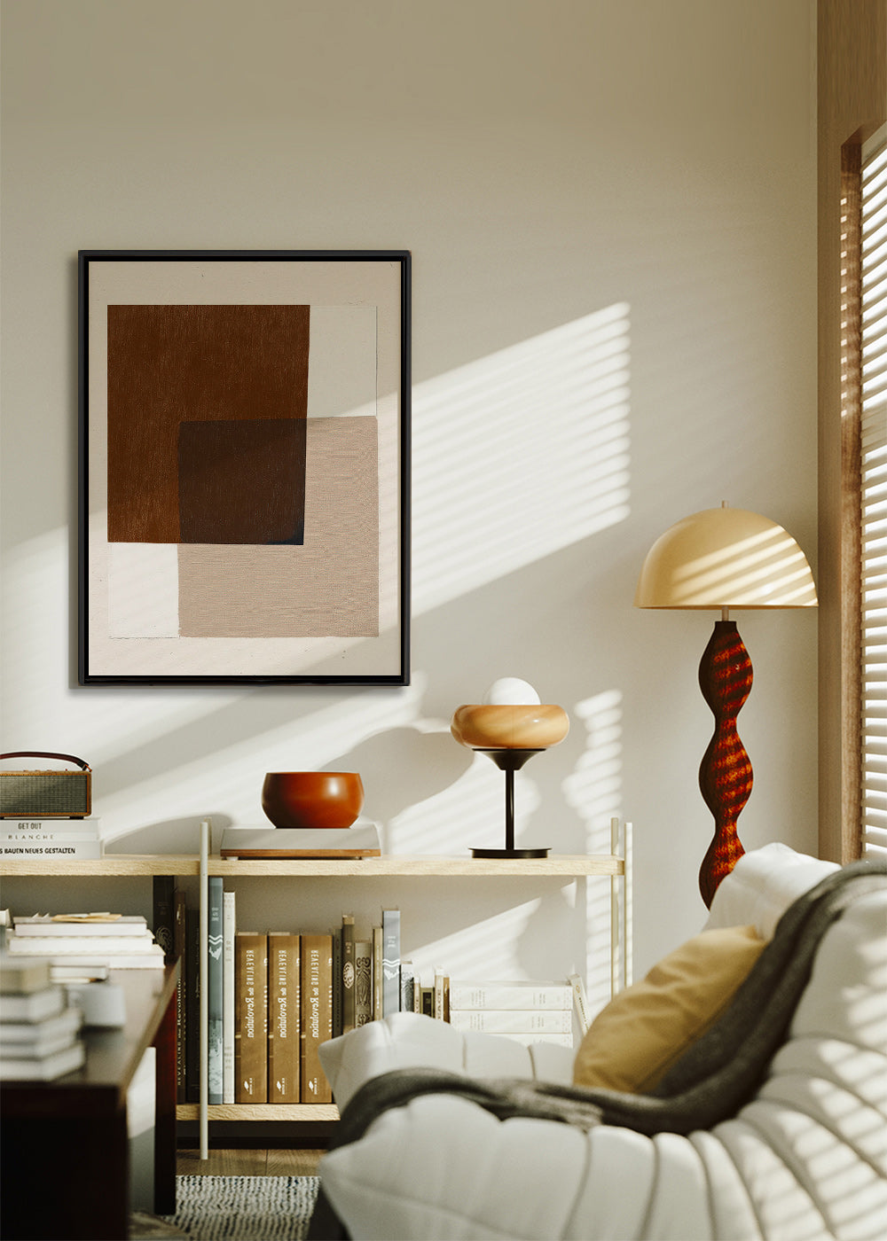 Design minimalista com blocos terrosos sobrepostos