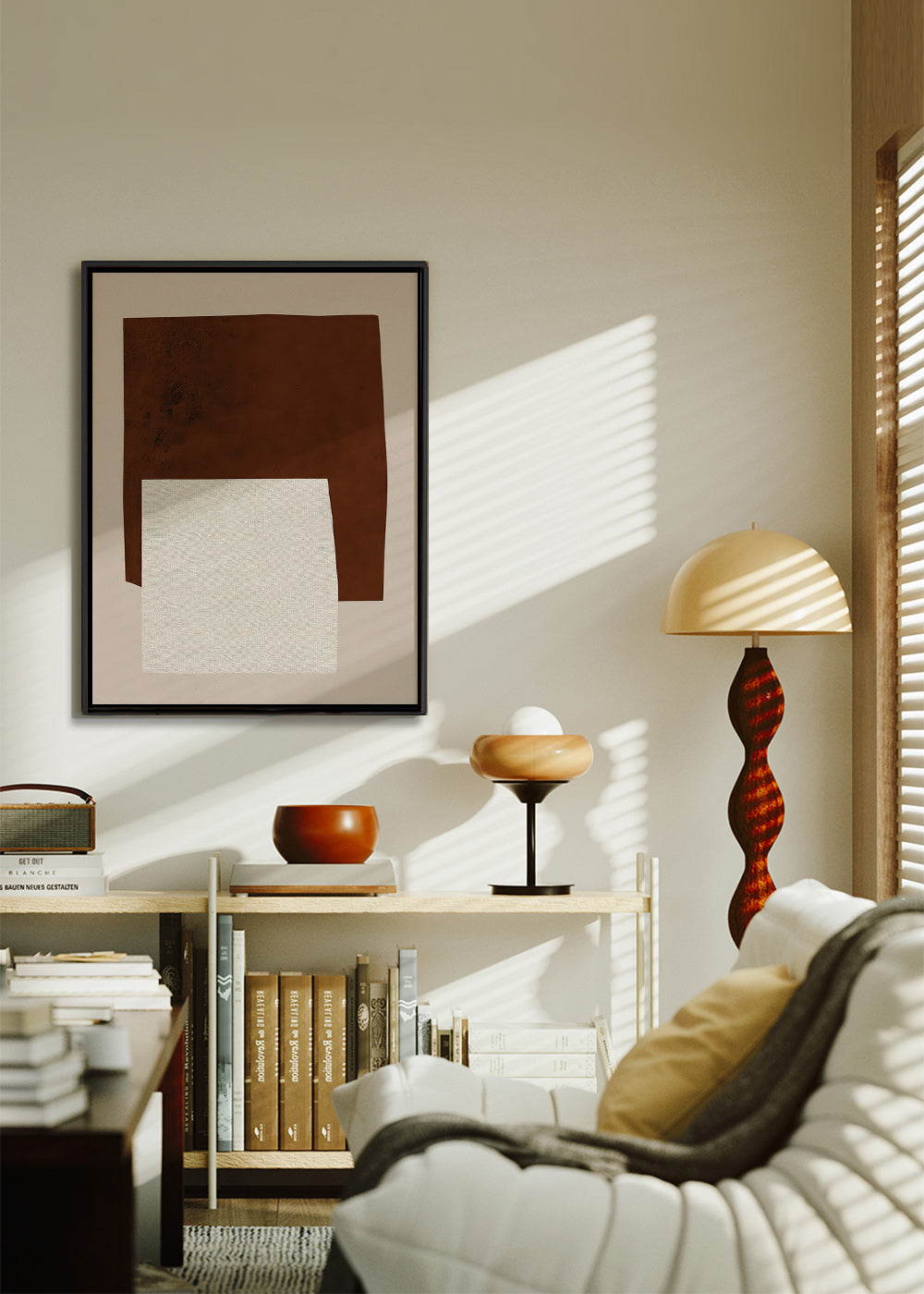 Design minimalista com formas castanho e creme