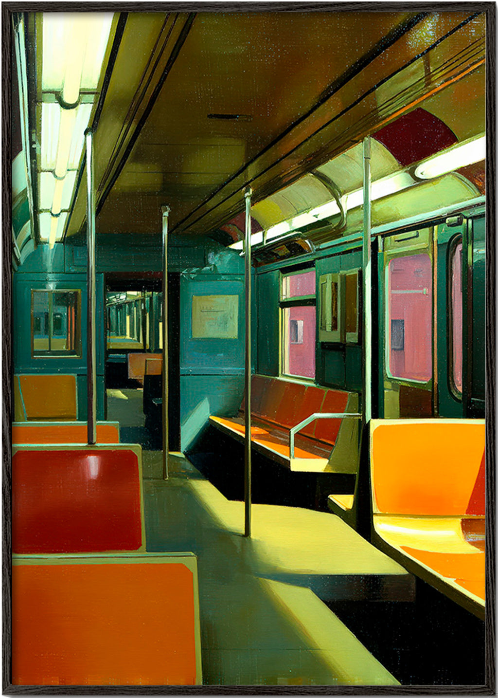 Quadro de viagem: vagão de metrô vazio com luz quente