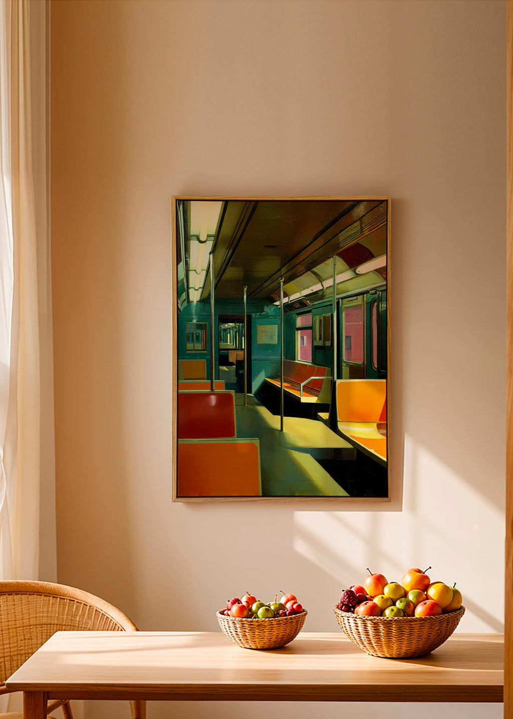 Quadro de viagem: vagão de metrô vazio com luz quente
