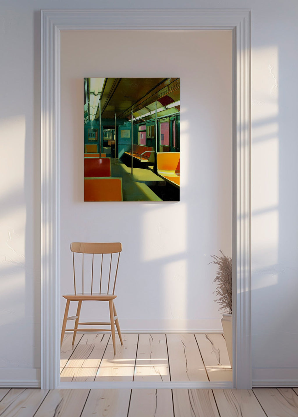 Quadro de viagem: vagão de metrô vazio com luz quente