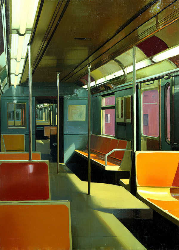 Quadro de viagem: vagão de metrô vazio com luz quente