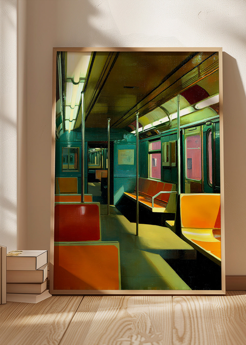 Quadro de viagem: vagão de metrô vazio com luz quente