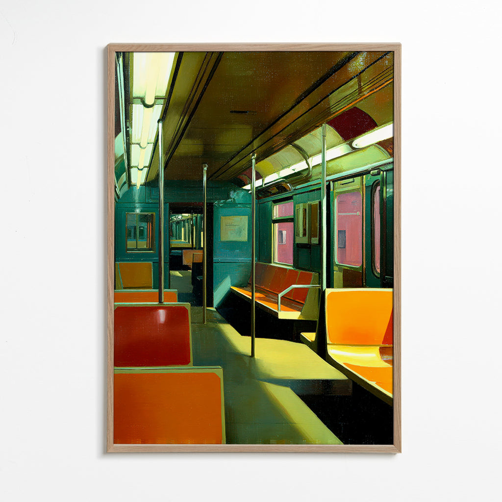 Quadro de viagem: vagão de metrô vazio com luz quente