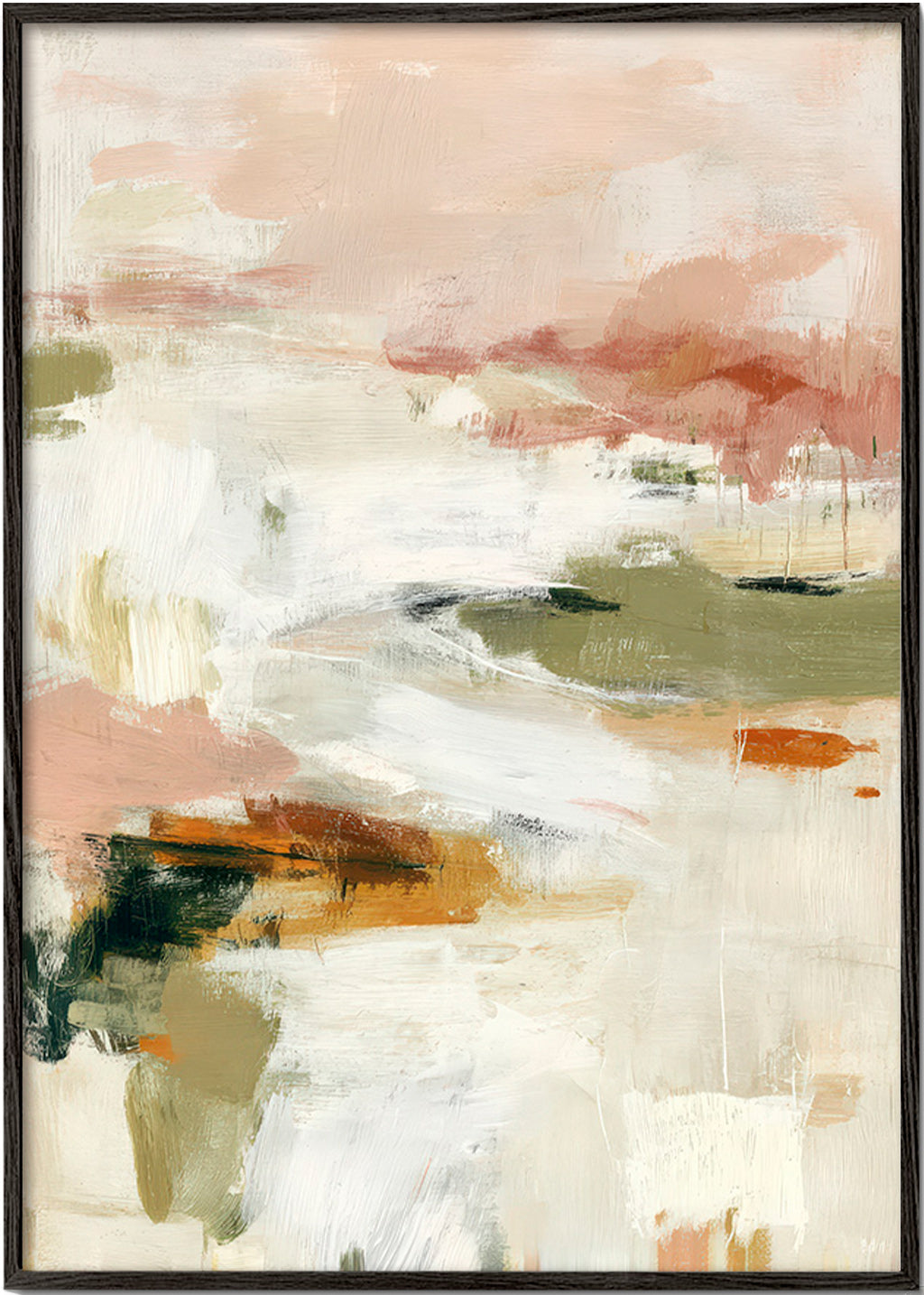 Quadro abstrato com horizonte suave e pinceladas orgânicas