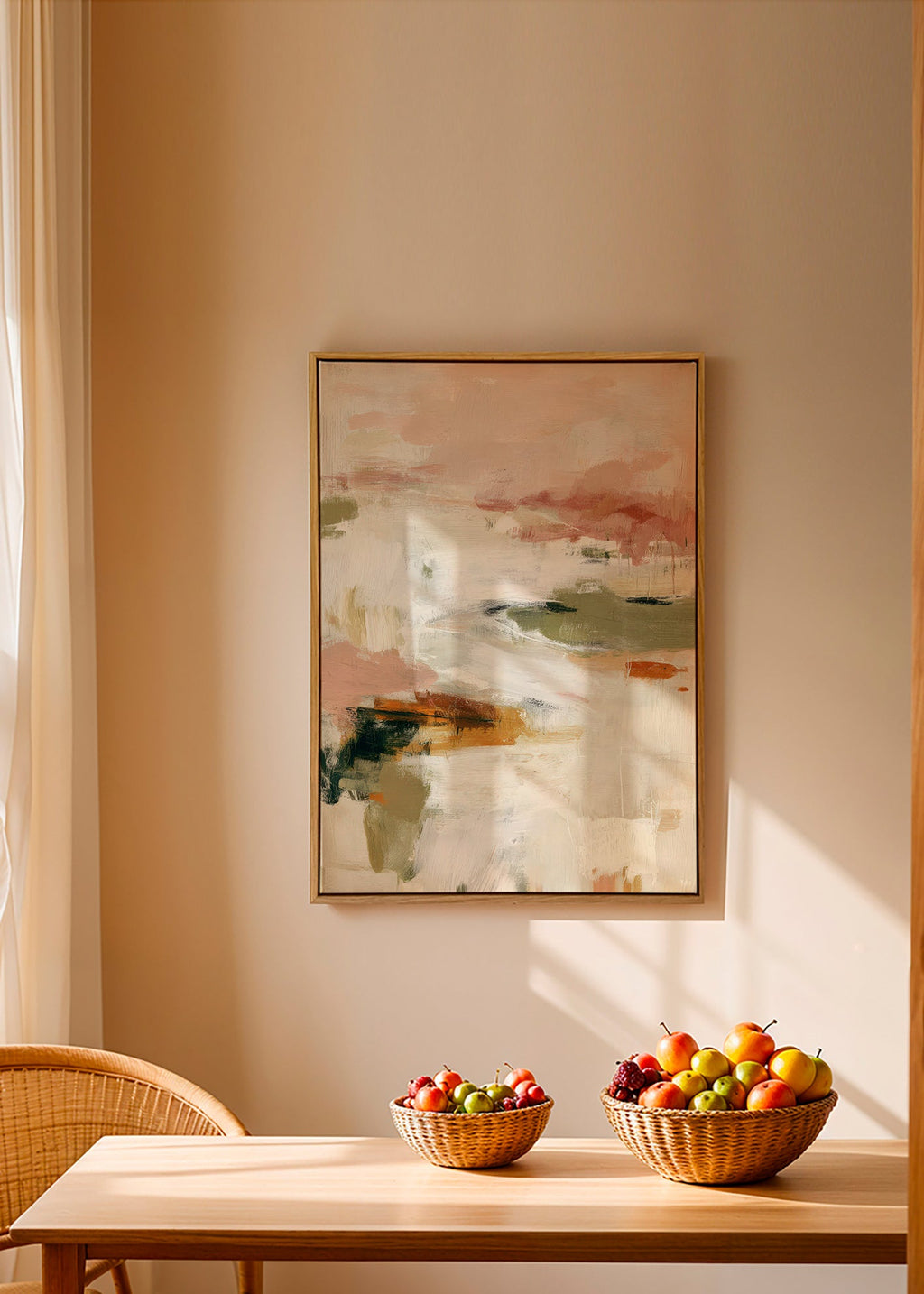 Quadro abstrato com horizonte suave e pinceladas orgânicas