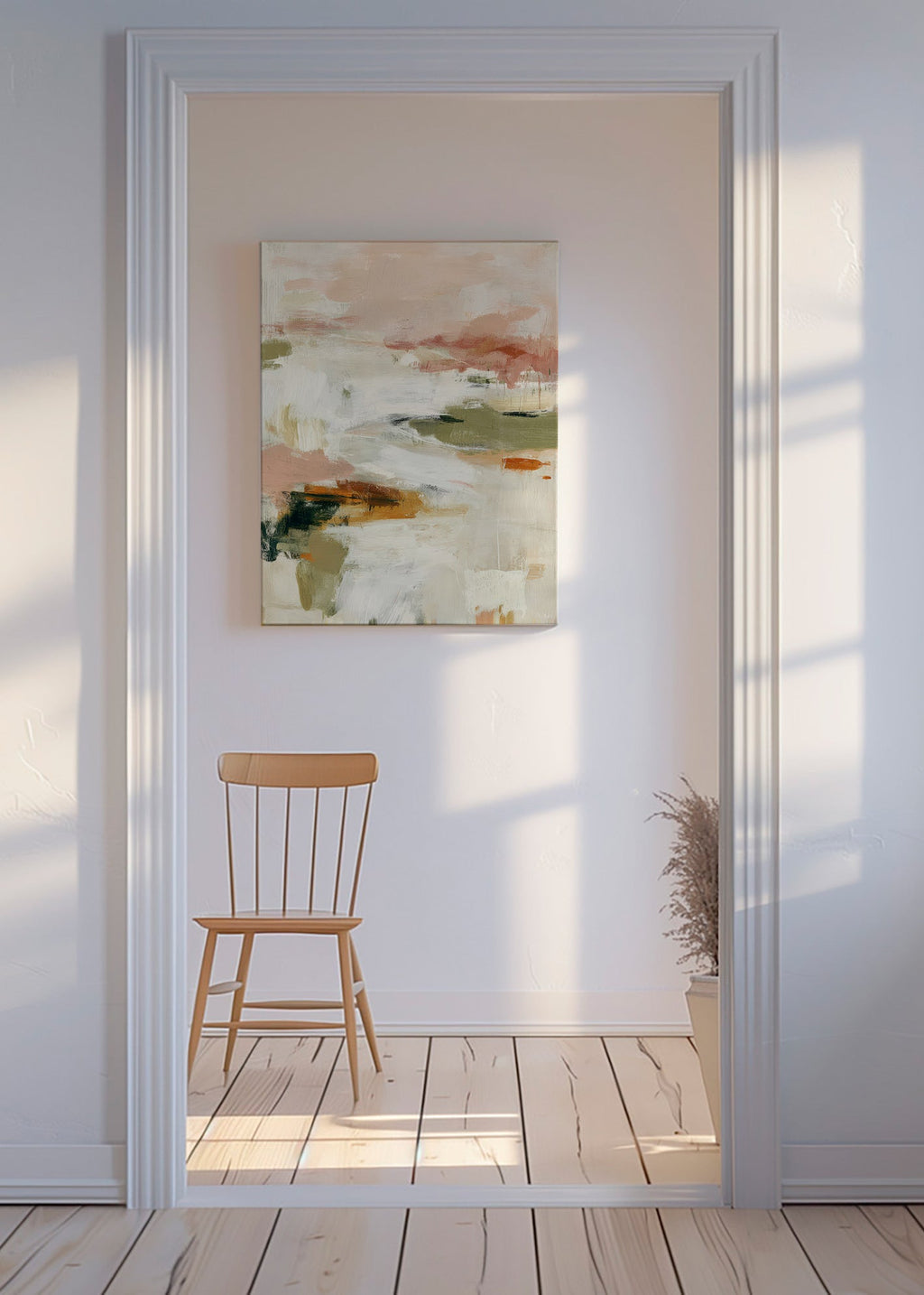 Quadro abstrato com horizonte suave e pinceladas orgânicas