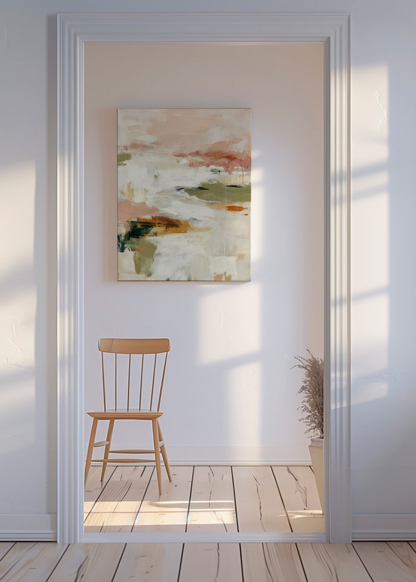 Quadro abstrato com horizonte suave e pinceladas orgânicas