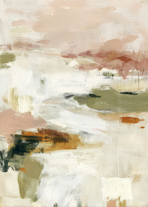 Quadro abstrato com horizonte suave e pinceladas orgânicas