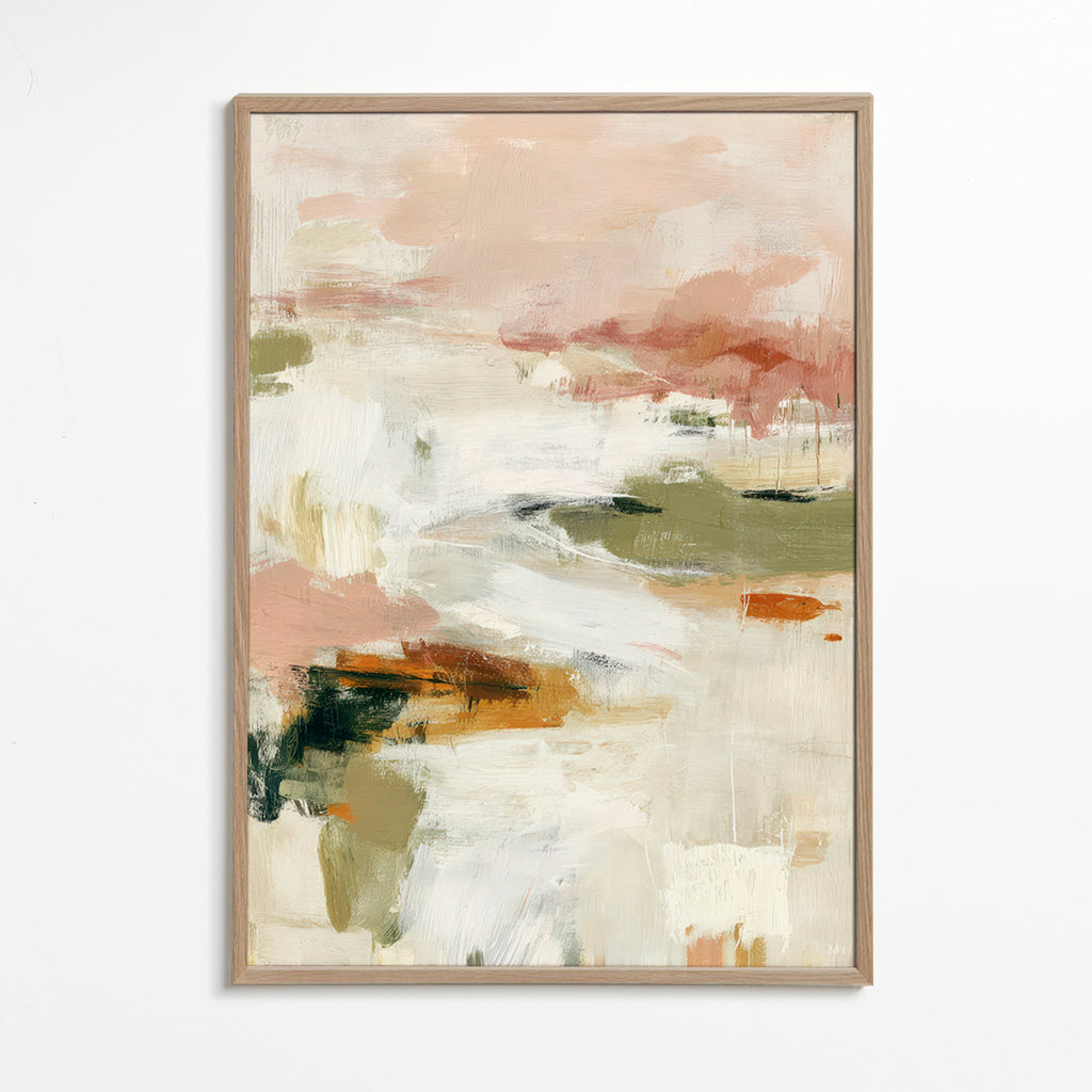 Quadro abstrato com horizonte suave e pinceladas orgânicas