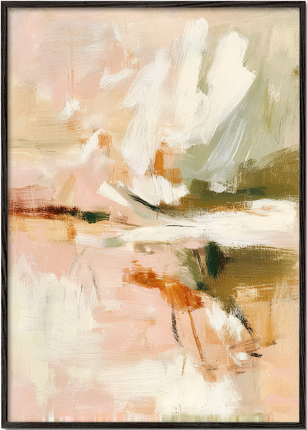 Quadro abstrato pétalas suaves e gesto pictórico