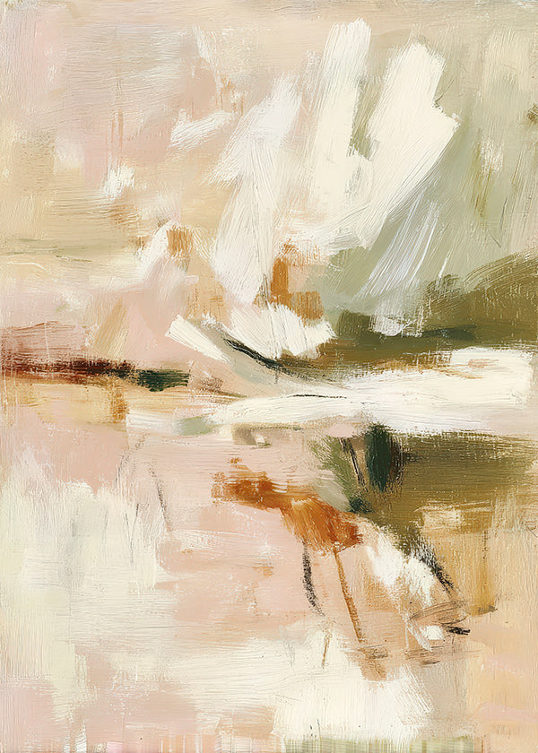 Quadro abstrato pétalas suaves e gesto pictórico