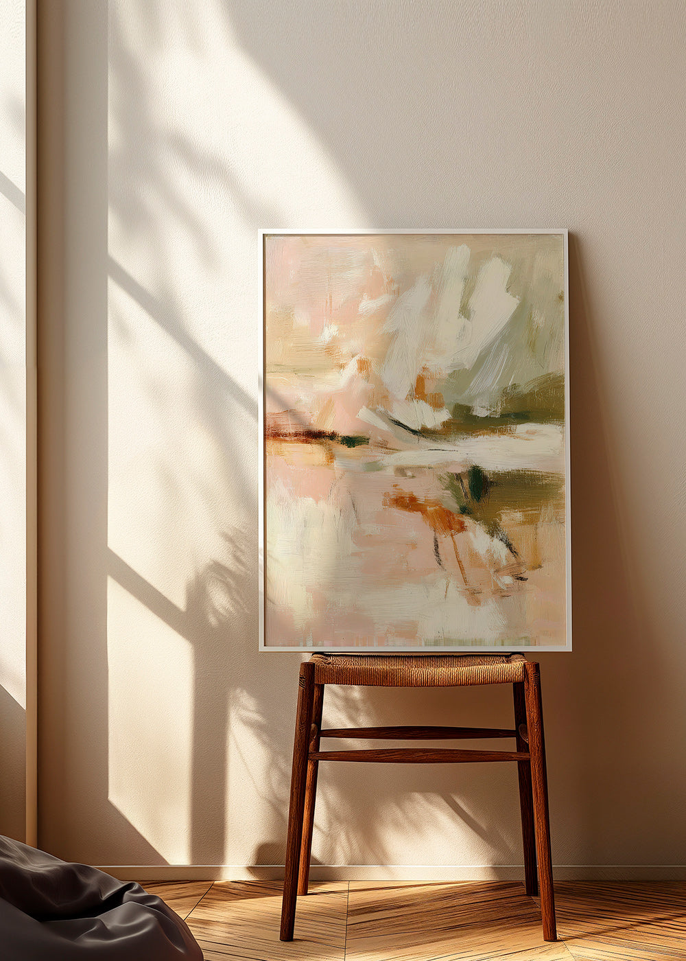 Quadro abstrato pétalas suaves e gesto pictórico
